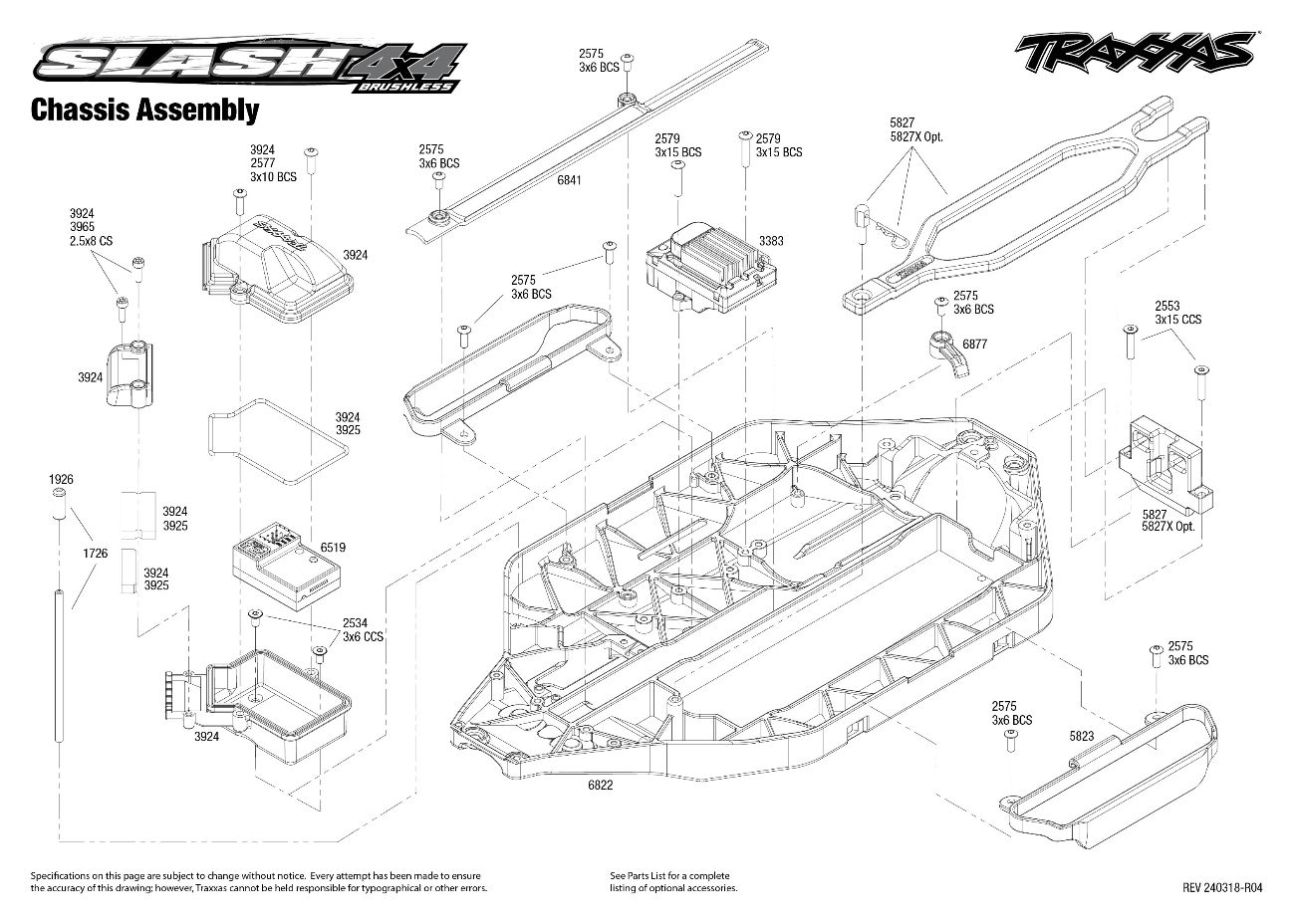 Slash 4X4 Brushless (68154-4) Chassis Assembly Exploded View Slash 4X4 Brushless (68154-4) Chassis Assembly Exploded View